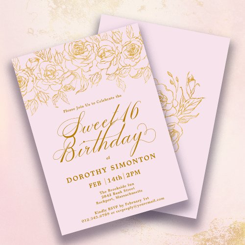 Sweet 16 Birthday Gold Rose Floral Blush Pink Invitation