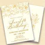 Sweet 16 Birthday Gold Rose Floral Ivory White Invitation<br><div class="desc">Elegant open line gold roses create the perfect top border. The blush pink background gives in a feminine aesthetic and the calligraphy adds a luxe touch. This invitation is part of the Luxe Gold Rose Collection. It contains templates for birthday suite stationery,  welcome signs and party decorations.</div>