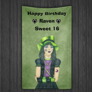 Sweet 16 Birthday Goth Girl Tattoos on Green Banner