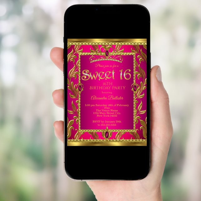 Sweet 16 Birthday Hot Pink Jewel Tiara Gold Invitation (Front Digital)