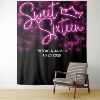 Sweet 16 Birthday Hot Pink Neon Glow Backdrops by LitleStarPaper at Zazzle