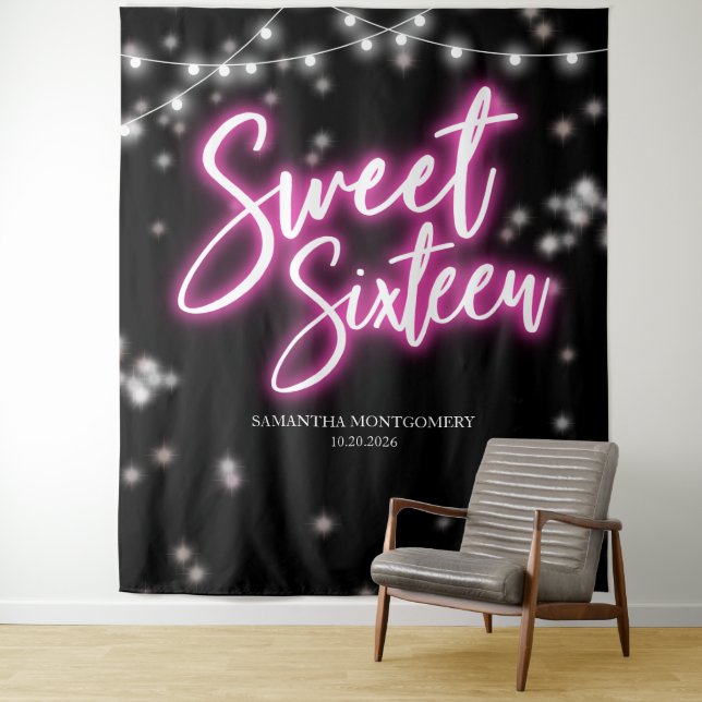 Sweet 16 Birthday Hot Pink Neon Glow Dark Backdrop (In Situ)