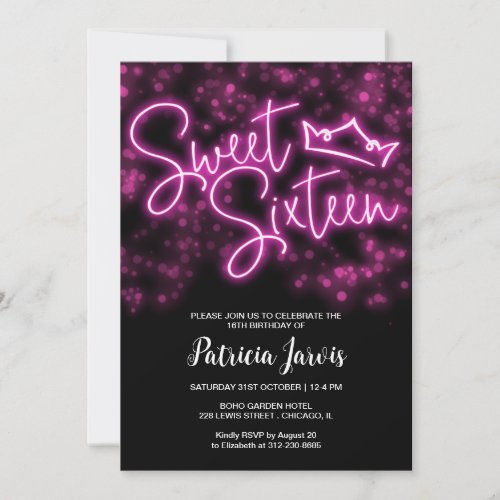 Sweet 16 Birthday Hot Pink Neon Glow Dark Party Invitation