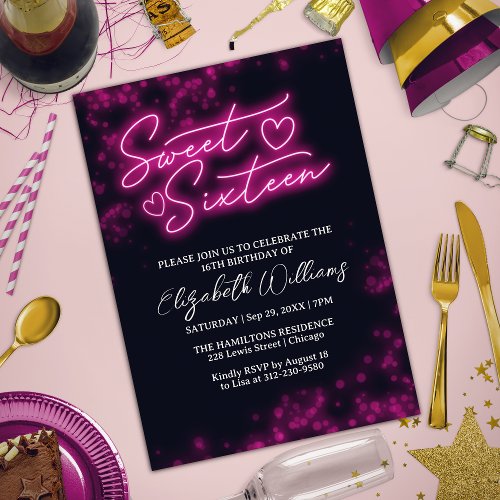 Sweet 16 Birthday Hot Pink Neon Glow Dark Party Invitation