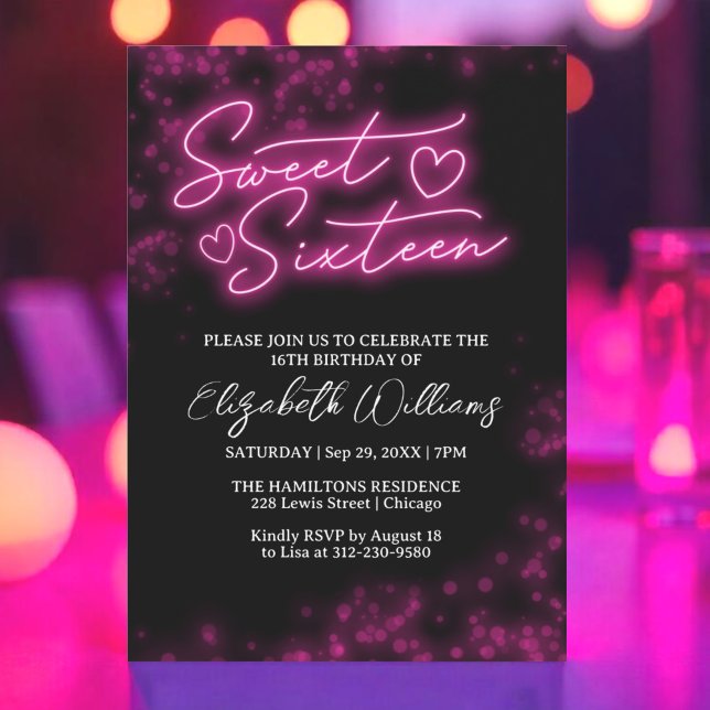 Sweet 16 Birthday Hot Pink Neon Glow Dark Party Invitation (Creator Uploaded)