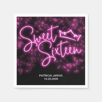 Sweet 16 Birthday Hot Pink Neon Glow Dark Party Napkins by LitleStarPaper at Zazzle