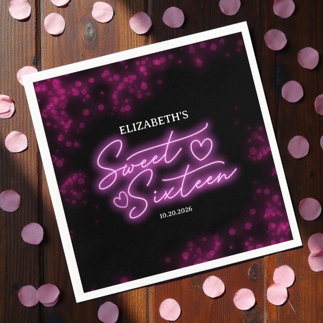 Sweet 16 Birthday Hot Pink Neon Glow Dark Party Napkins (Creator Uploaded)