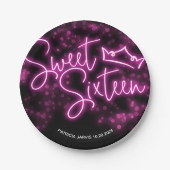 Sweet 16 Birthday Hot Pink Neon Glow Dark Party Paper Plates by LitleStarPaper at Zazzle