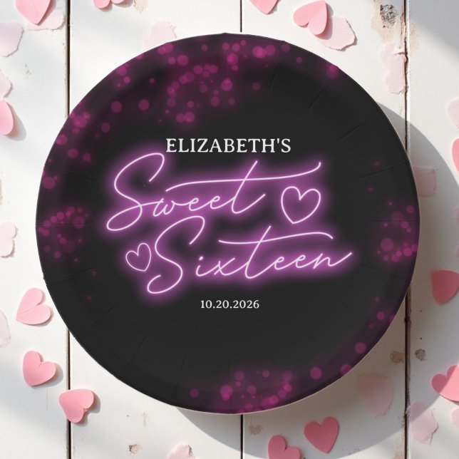 Sweet 16 Birthday Hot Pink Neon Glow Dark Party Paper Plates (Creator Uploaded)