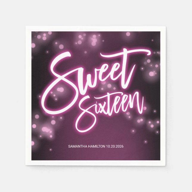 Sweet 16 Birthday Hot Pink Neon Glow Effect Party Napkins (Front)