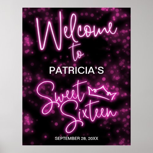 Sweet 16 Birthday Hot Pink Neon Glow Welcome Sign