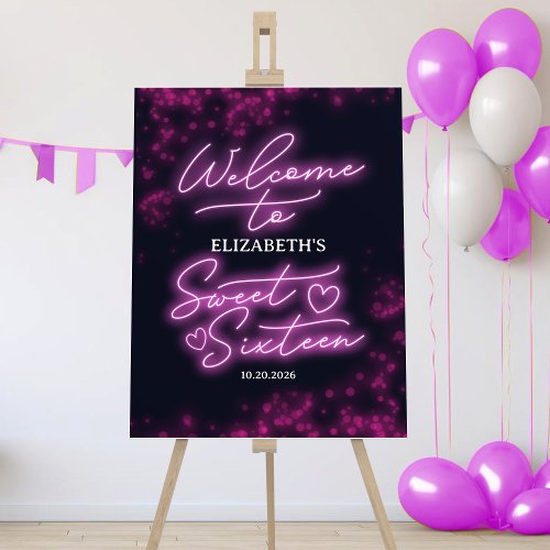 Sweet 16 Birthday Hot Pink Neon Glow Welcome Sign