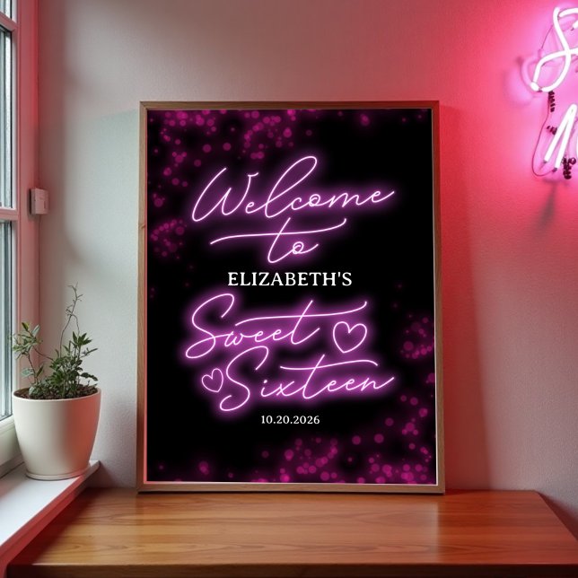 Sweet 16 Birthday Hot Pink Neon Glow Welcome Sign (Creator Uploaded)