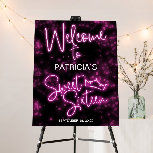 Sweet 16 Birthday Hot Pink Neon Glow Welcome Sign (In Situ (Stand))