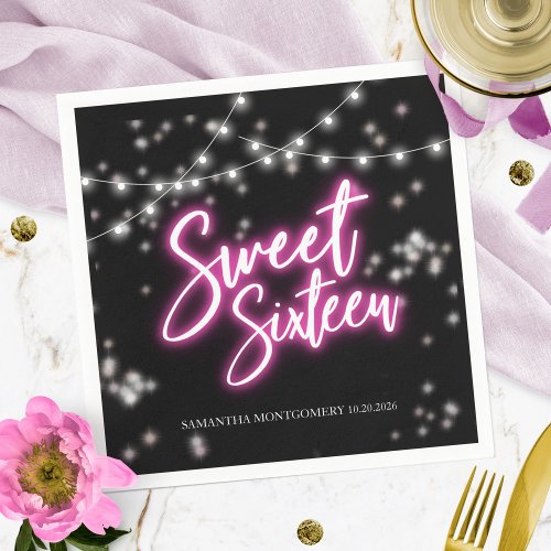 Sweet 16 Birthday Hot Pink Neon_Themed Party Napkins