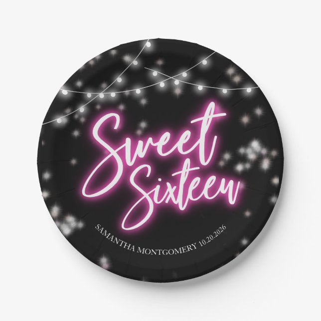 Sweet 16 Birthday Hot Pink Neon-Themed Party Paper Plates (Front)