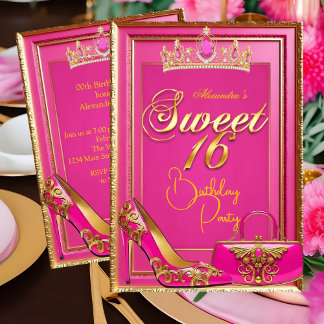 Sweet 16 Birthday Hot Pink Tiara Heel Gold Handbag Invitation