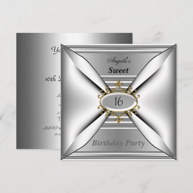 Sweet 16 birthday Invitation Chrome White (Front/Back)