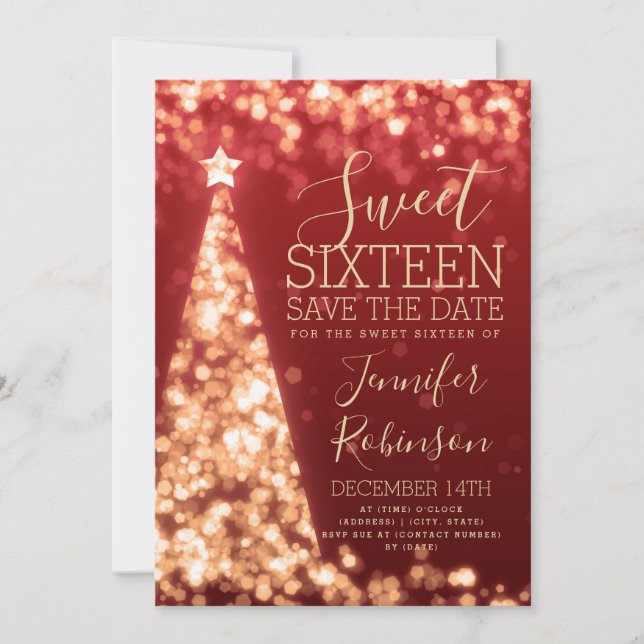 Sweet 16 Birthday Invitation Gold & Red Christmas (Front)