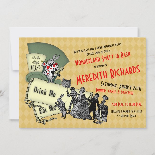 Sweet 16 Birthday Invitation Mad Hatter Wonderland (Front)