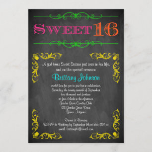 Sweet 16 Birthday Invitation Neon Chalkboard