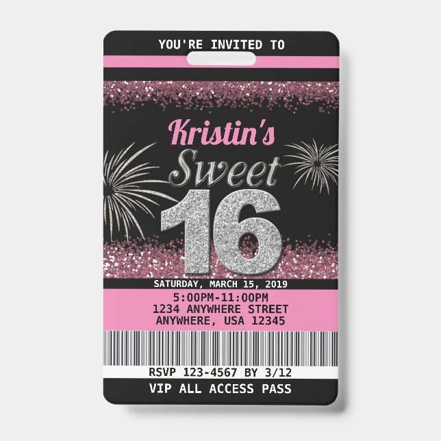 Sweet 16 Birthday Invitations in Blush Pink Badge (Front)