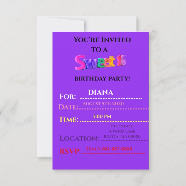"SWEET 16" Birthday  invitations PERSONALIZED. (Back)