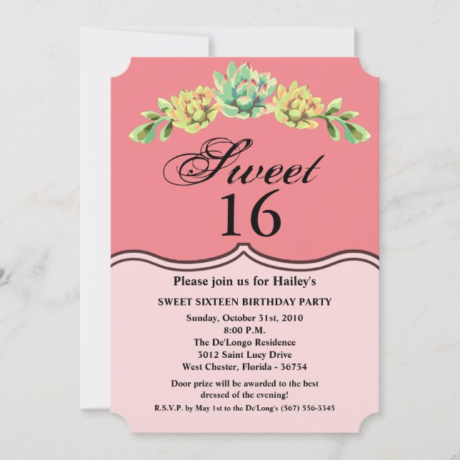 Sweet 16 Birthday Invite Bohemian Cactus Succulent (Front)