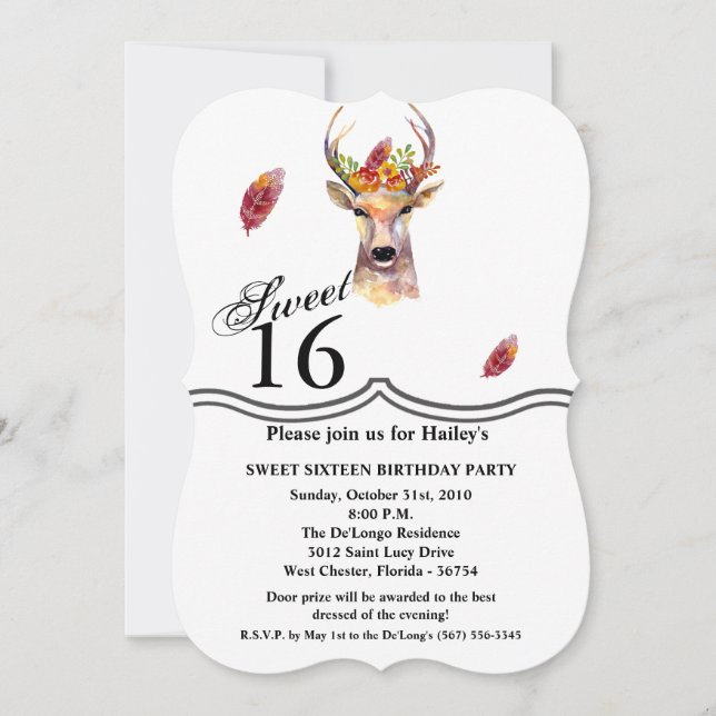 Sweet 16 Birthday Invite boho deer Buck Head Brown (Front)