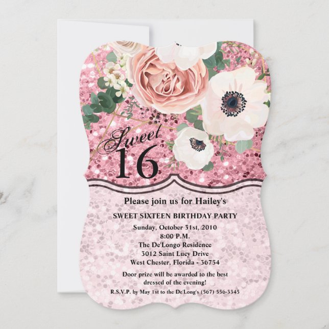 Sweet 16 Birthday Invite Geometric Garden Rose (Front)