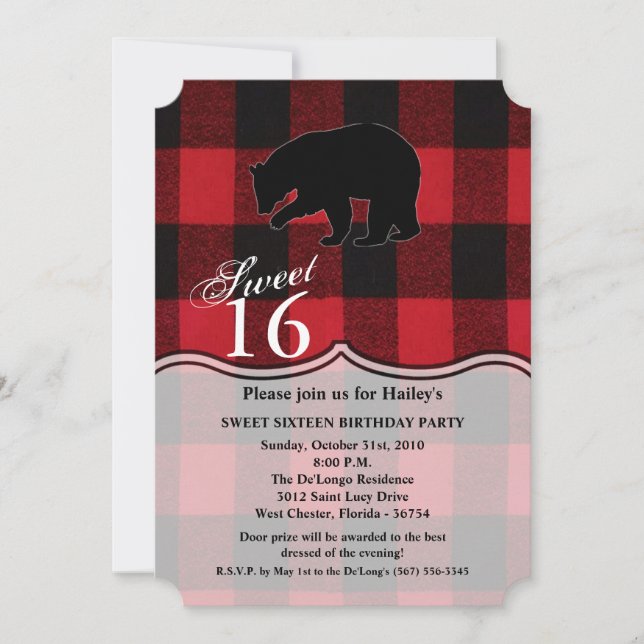 Sweet 16 Birthday Invite Red Buffalo Plaid Bear (Front)
