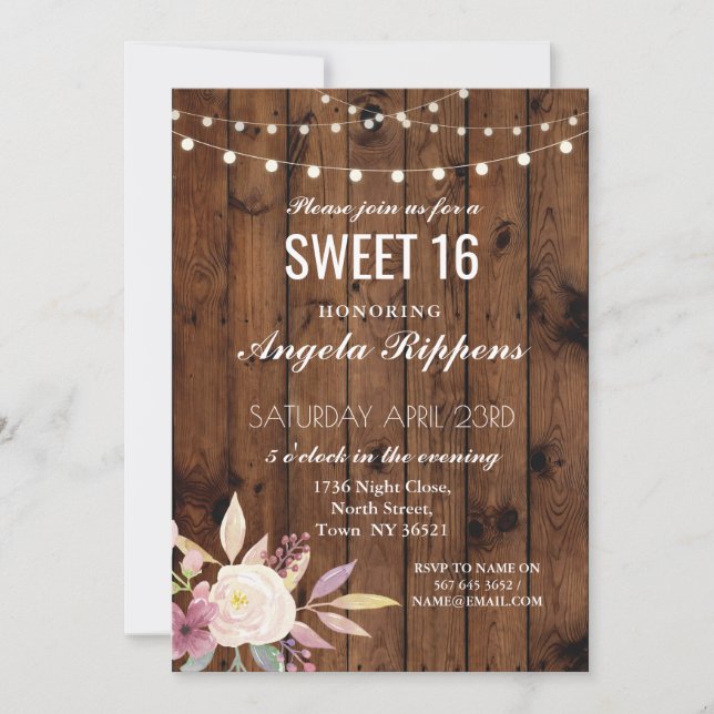 Sweet 16 Birthday Invite Rustic Wood Flower 16th (Front)