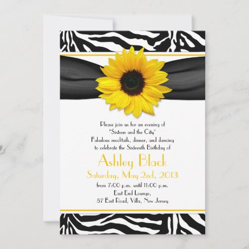 Sweet 16 Birthday Invite  Sunflower Zebra Print