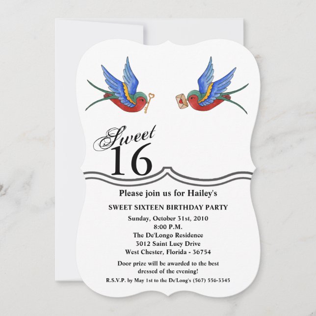 Sweet 16 Birthday Invite Traditional Bird Tattoo S (Front)