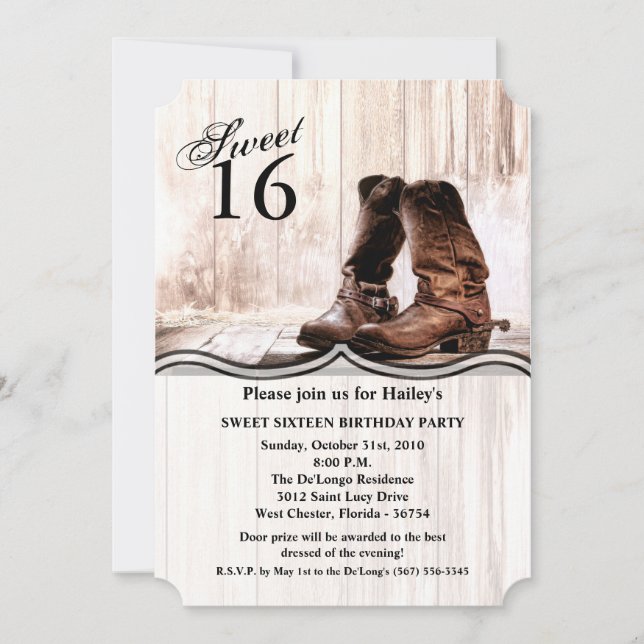 Sweet 16 Birthday Inviteboots country rustic weste Invitation (Front)