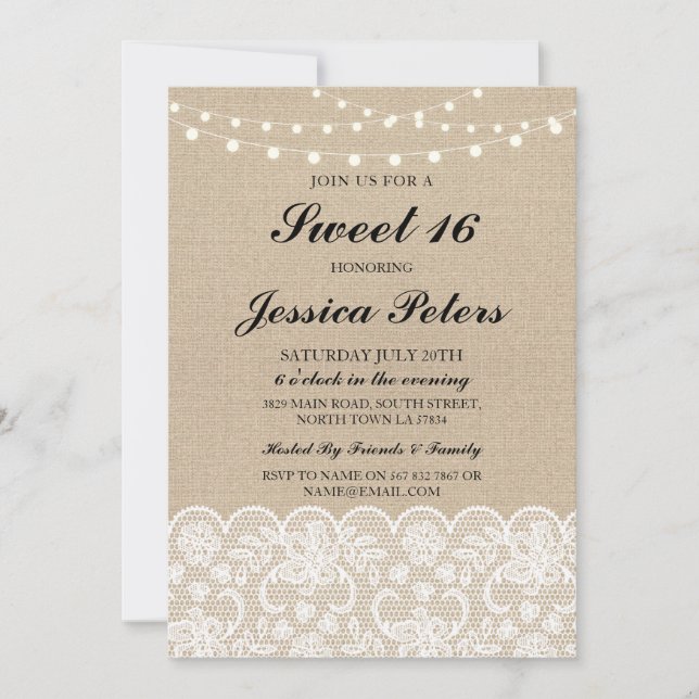 Sweet 16 Birthday Lights Rustic Burlap Lace Invite (Front)