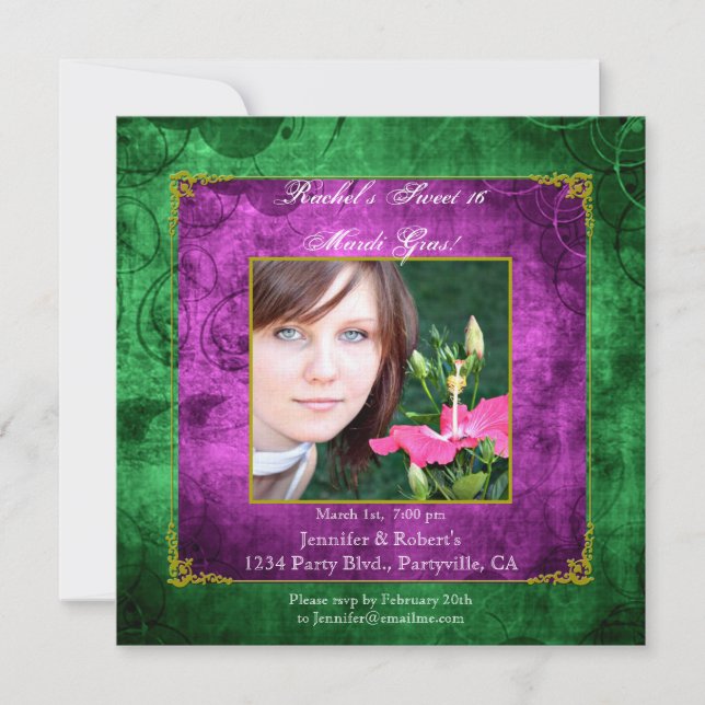 Sweet 16 Birthday Mardi Gras Party Invitation (Front)
