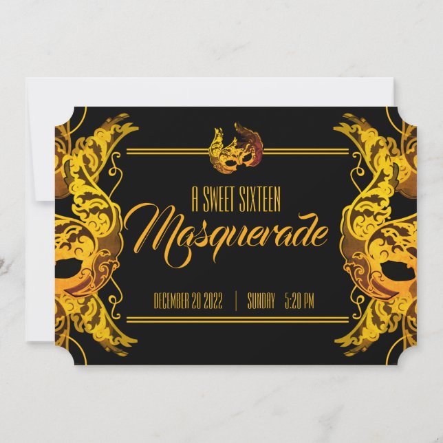 sweet 16 BIRTHDAY MASQUERADE gold ticket Invitation (Back)
