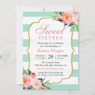 Sweet 16 Birthday Mint Green Stripes Pink Floral Invitation