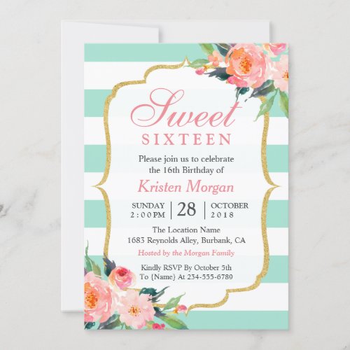 Sweet 16 Birthday  Mint Green Stripes Pink Floral Invitation