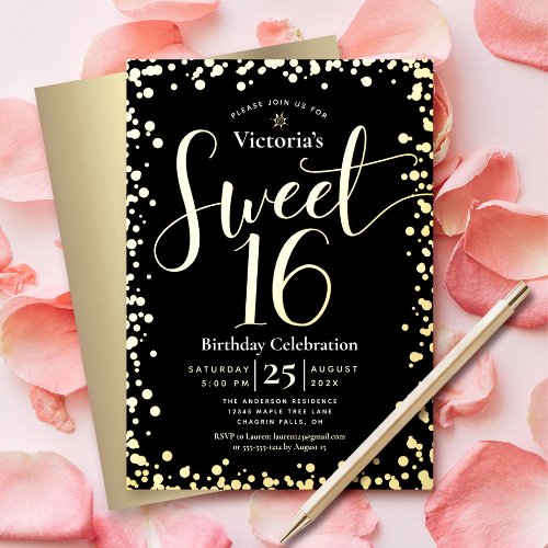 Sweet 16 Birthday Modern Girly Black Real Gold Foil Invitation