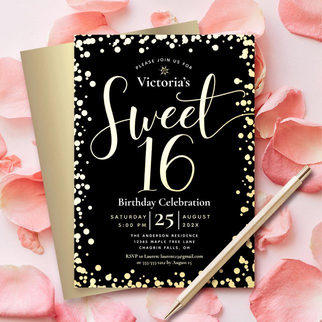 Sweet 16 Birthday Modern Girly Black Real Gold Foil Invitation (Creator Uploaded)