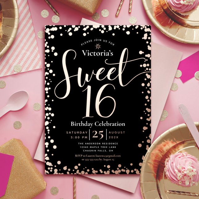 Sweet 16 Birthday Modern Glam Black Real Rose Gold Foil Invitation