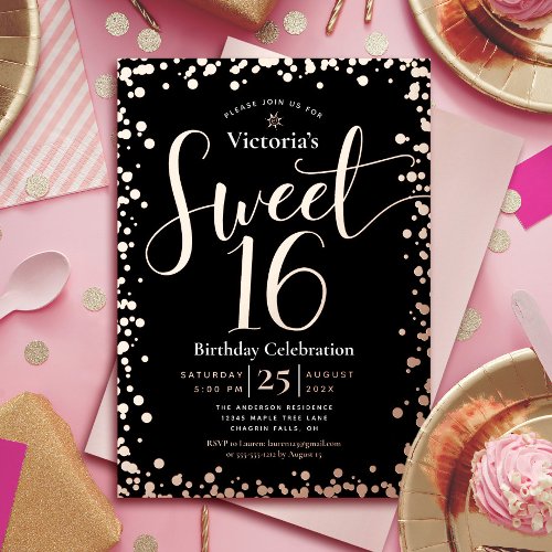 Sweet 16 Birthday Modern Glam Black Real Rose Gold Foil Invitation