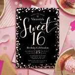 Sweet 16 Birthday Modern Glam Black Real Rose Gold Foil Invitation<br><div class="desc">“Happy Sweet 16”. Send out this stunning, sparkly, girly, festive, modern, personalized party invitation for an event to remember. Real rose gold foil script typography and confetti overlay a black background. A brushed faux rose gold foil background is on the back. Personalize the custom text with your daughter’s name as...</div>