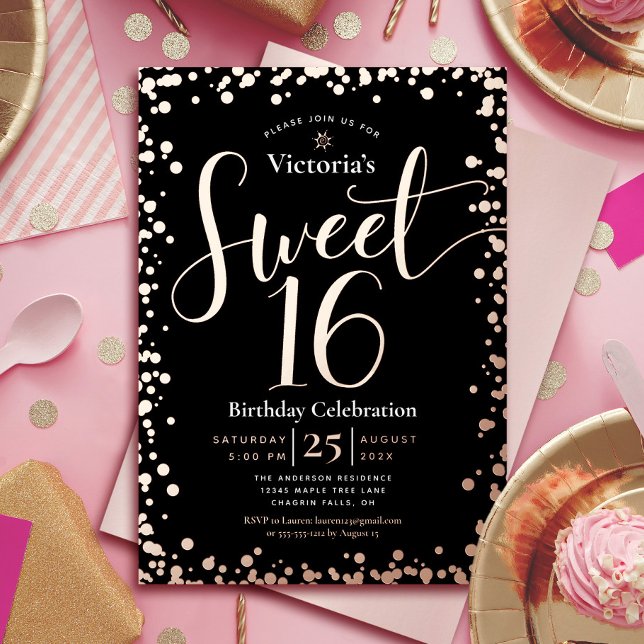 Sweet 16 Birthday Modern Glam Black Real Rose Gold Foil Invitation (Creator Uploaded)