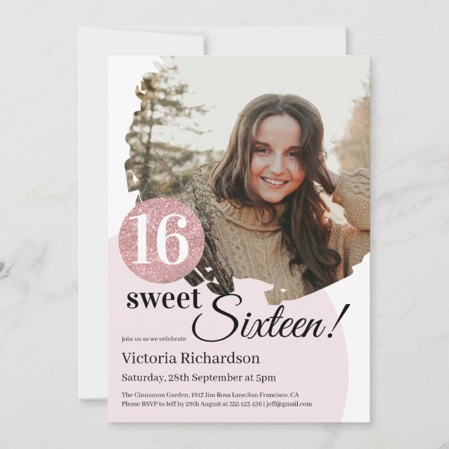 Sweet 16 Birthday Modern Pink Glitter Custom Photo Invitation (Front)