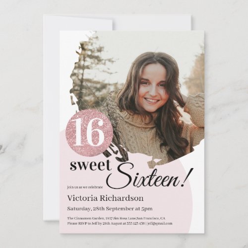 Sweet 16 Birthday Modern Pink Glitter Custom Photo Invitation