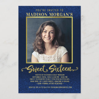 Sweet 16 Birthday Navy Blue Gold Glitter Photo Invitation