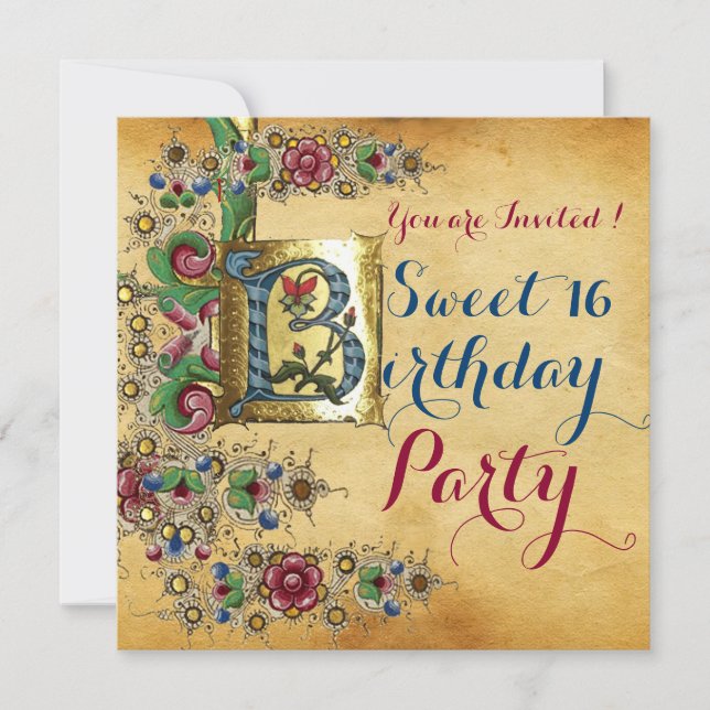 SWEET 16  BIRTHDAY PARTY ANTIQUE FLORAL PARCHMENT INVITATION (Front)